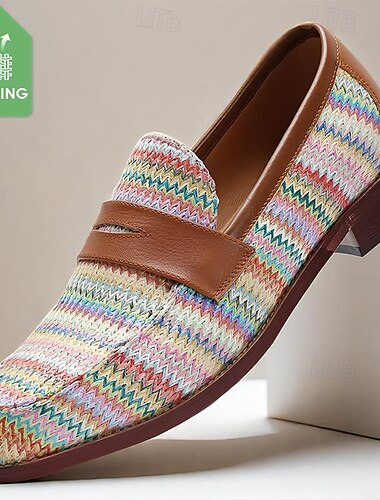  Mocassins à enfiler en nylon tissé multicolore pour hommes avec bordure en cuir - coupe décontractée pour les sorties décontractées