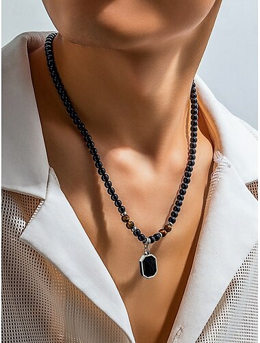  herrhalsband med pärlor i onyx med tigerögonaccenter och silverhänge – snygg present för vardagliga och formella tillfällen