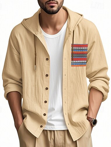  Per uomo Camicia con Bottoni Semplice Vacanza Streetwear Nero Bianco Cachi Grigio Manica Lunga Con Cappuccio Primavera & Autunno Abbigliamento Bottonato