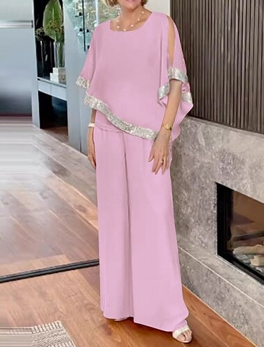  Zweiteilig Overall / Hosenanzug Brautmutterkleid Elegant Vintage Einfach Rundausschnitt Bodenlang Chiffon Halbarm mit Paillette 2025