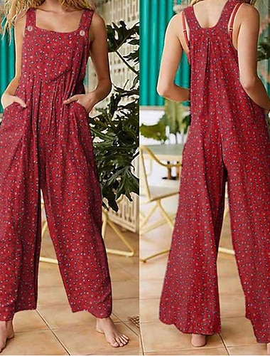 Damen Normal Overall Streetwear Blumen Ärmellos U-Ausschnitt Tasche Druck Ferien Ausgehen Normale Passform Schwarz Gelb Rote Sommer