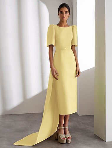 grünes, säulenförmiges Cocktailkleid, elegantes Kleid für formelle Hochzeitsgäste, knöchellang, kurzärmlig, Rundhalsausschnitt, Stretch-Krepp mit Schal 2025