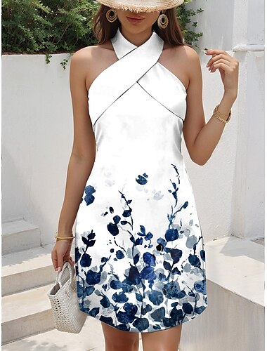  Damen Minikleid Sommerkleid A Linie Kleid Halterkleid Urlaub Lässig Ausgehen Normale Passform Blumen Grafik Ärmellos V Ausschnitt Schwarz Weiß Blau Grün Sommer