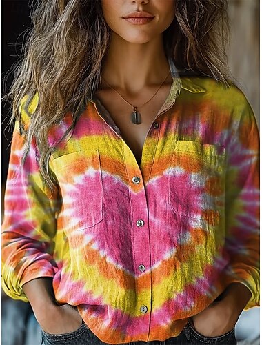  Damen Hemd Batik Stilvoll Modern Langarm Hemdkragen Normale Oberteile Täglich Ferien Knöpfe Tasche Druck Gelb Purpur Regenbogen Sommer
