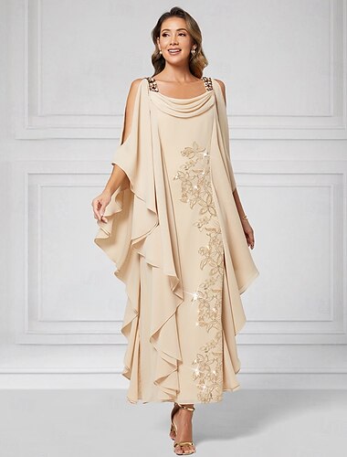  Zöld Kék A-vonalú Anya Az Esküvőn Elegáns Luxus Csillogó  Ragyogó Hajónyakú Átmeneti Hosszú Szoknya Chiffon Fél Ujjal Gyöngyökkel Ráfőzött Vízeséssel