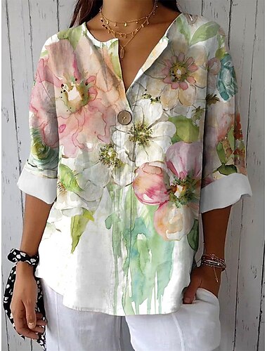  Dames Blouse Bloemig Grafisch Vintage Tropisch Hawaii Lange mouw V-hals Normale tops Dagelijks Feestdagen Strand Kleding Afdrukken Wit Blozend Roze blauw Paars Groen Zomer Lente