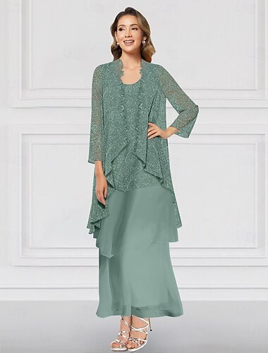  grün blau rosa zweiteilige A-Linien-Kleidersets Kleid für die Brautmutter, elegantes Rundhals-Kleid in Knöchellänge, Chiffon, Langarmjacke, Kleider mit Spitzenrüschen, Stufe 2025
