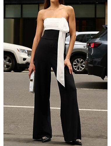  Monos, vestido de noche, elegante, vestido formal para invitada de boda, largo hasta el suelo, sin mangas, hombros descubiertos, bloques de color, con pliegues, lazo(s), 2025