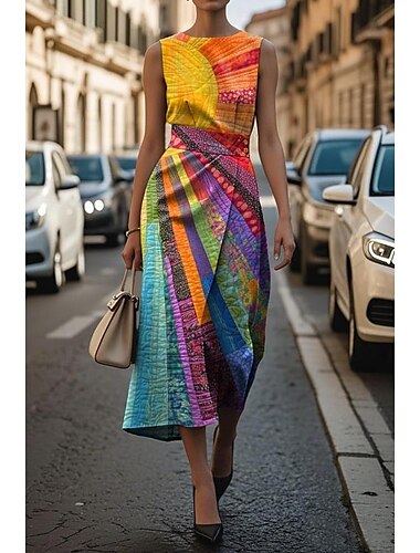  Damen Midikleid Etui-Kleid Figurbetontes Kleid Formell Halbformelle Kleider Büro Täglich Normale Passform Grafik Geometrisch Ärmellos Rundhalsausschnitt U-Boot-Ausschnitt Schwarz Gelb Rote Blau