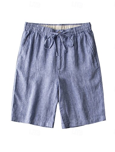  Herren Shorts aus 100% Leinen, einfarbig, über dem Knie, Alltag, Urlaub, Ethno-Stil, Blau, Khaki