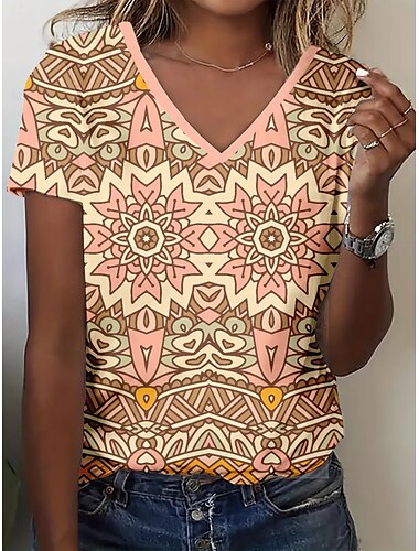  Women's T Shirt Summer Tops Graphic Vintage Classic Casual Short Sleeve V Neck Crop Tops Daily Weekend Print Rainbow Summer Spring Fall