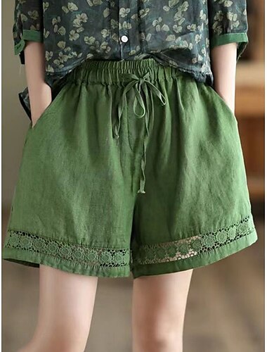  Frauen Boho Shorts Unifarbene Chinos Shorts Urlaub Vintage Mode Kurz High Waist Schlicht Tasche Kordelzug Komfort Outdoor Mikro-elastisch Urlaub Straße Täglich Schwarz Weiß Orange Grün