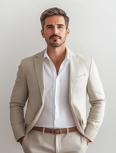  Herren Leinen Blazer Sportjacke Mode Casual Sommer Einfarbiger Leinenblazer Himmelblau khaki Beige Standard Fit Einreiher Ein-Knopf