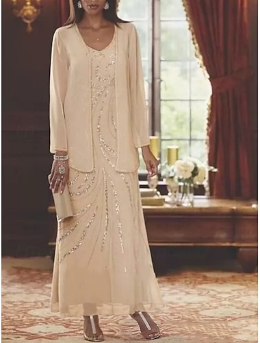  Strandbruiloft Twee-delige Sheath jurk voor de moeder van de bruid Bruidsgast Elegante Sprankel  Schitter V-hals Enkel lengte Chiffon Geankeerde Lange mouw met Paillette 2025 gratis maatwerk
