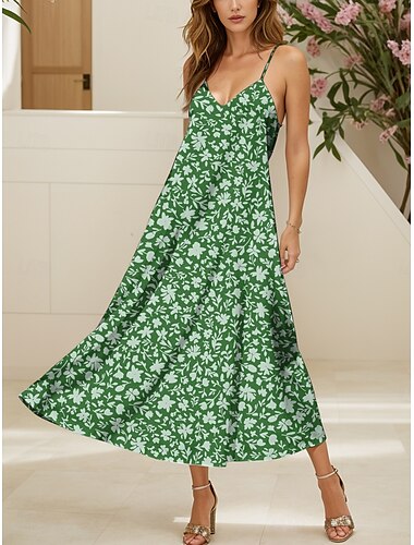  Damen Maxikleid A Linie Kleid Sommerkleid Unterkleid Elegant Urlaub Lässig Normale Passform Blumen Grafik Ärmellos V Ausschnitt Spaghettiträger Rote Blau Purpur Grün Sommer Frühling