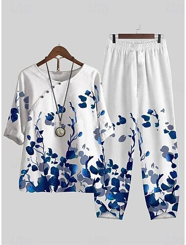  Damen Shirt Basis Hosen Sets Halbarm Rundhalsausschnitt florale Grafik geometrischer Druck Feiertags Wochenende schwarz royalblau blau Sommer reguläre Passform