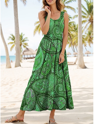  Dámské Midi šaty Letní šaty Áčkové šaty Šaty na rameno prázdniny Na běžné nošení Běžný Grafika Kašmírový vzor Boho Paisley Damašek Bez rukávů Do U Kopeček Fialová Vodní modrá Fuchsiová Trávová zelená