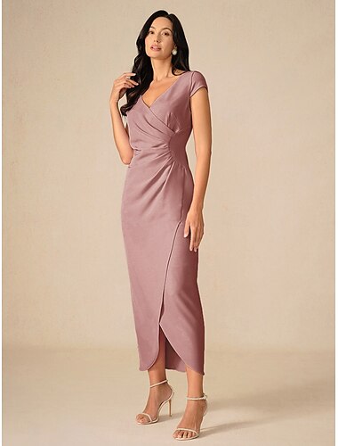  Damen Maxikleid Wickelkleid Party Geburtstag Formell Hochzeit Urlaub Hochzeitsgast Normale Passform Einfarbig Kurzarm V Ausschnitt Pudriges Rosa Sommer Frühling Herbst