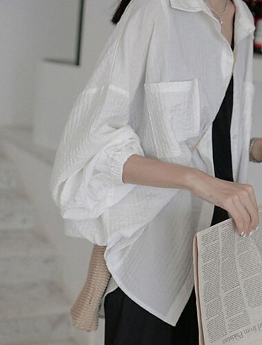  Mujer Camisa Abotonar Camisa de lino y algodón Blusa Plano Casual Manga Larga Cuello Camisero Tops regulares Diario Festivos Noche Botones Blanco Rosa Verde Trébol Verano