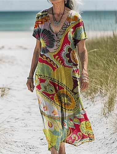  Per donna Abito Lungo Maxi Abito Abiti in cotone e lino Vestito Casual Abito Boho Abito occidentale Moda All'aperto Feste Ferie Vestibilità regolare Fiore Manica Corta Scollo a V Blu Verde Blu scuro