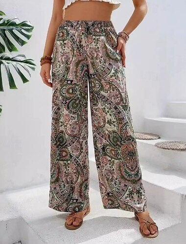  Damen Stoffhosen Hosen Hose Mode Boho Volle Länge Natürliche Taille Blume Elastischer Bund Drucken Bequem Außenbereich Urlaub Ausgehen Magenta Aprikose Marinenblau Blau Sommer Normale Passform