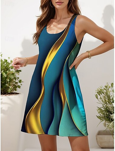  Damen Minikleid Sommerkleid Lässig Täglich Ferien Strand Normale Passform Geometrisch Farbblock Mehrfarbig Ärmellos Rundhalsausschnitt Gelb Rote Blau Braun Sommer