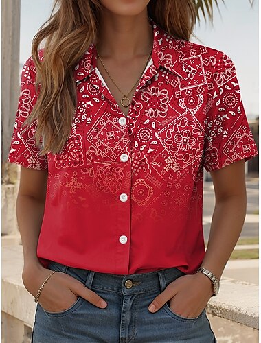  Damen Hemd Ombre Grafik Paisley-Muster Täglich Lässig Kurzarm Hemdkragen Normale Oberteile Täglich Rote Blau Fuchsie Sommer Frühling