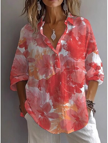  Damen Hemd Blumen Basic Lässig Langarm Hemdkragen Normale Oberteile Täglich Knöpfe Druck Gelb Blau Fuchsie Orange Sommer