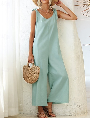  Mono de mujer con peto normal, estilo urbano, color liso, sin mangas, cuello en V, espalda descubierta, bolsillo, corte regular, para uso diario, en negro, blanco y verde claro, para verano.