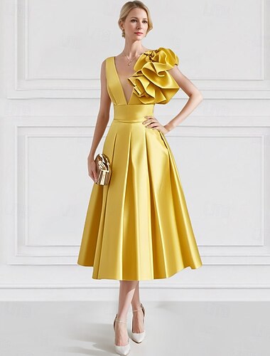  Gul Blå A-Linje Cocktail Kjole Elegant Kjole Formell Bryllupsgjest Ankellengde Uten Ermer V Utringning Satin Med Lomme Skulder Blomst