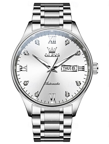  OLEVS Herren Mechanische Uhr Minimalistische Mode Automatisches Selbstaufziehen Leuchtendes Datum und Woche Wasserdichte Stahl Uhr