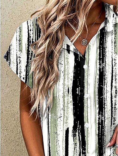  Mujer Camisa Graphic A Rayas Vintage Tropical Diario Manga Corta Casquillo Cuello Camisero Tops regulares Diario Verde Claro Verano Primavera
