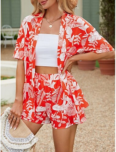  Damen 2 Teile Fashion Streetwear Tägliche Shorts Sets Kurzarm Shirt Kragen Floral Druck Lässig Täglich Strand Schwarz Blau Orange Sommer Regulär Fit