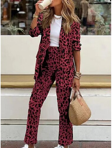  Kvinnors 2 Delar Elegant Mode Gatumode Blazer Dräkter Långa Ärmar Skjorta Krage Leopard Tryck Utomhus Arbete Avslappnad Röd Blå Grön Sommar Regular Fit