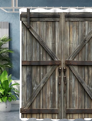  Duschvorhang mit 12 Haken 200 cm hoch duschvorhang waschbar Polyester maschinenwaschbar wasserdicht Vintage Fake Door Scheunendesign
