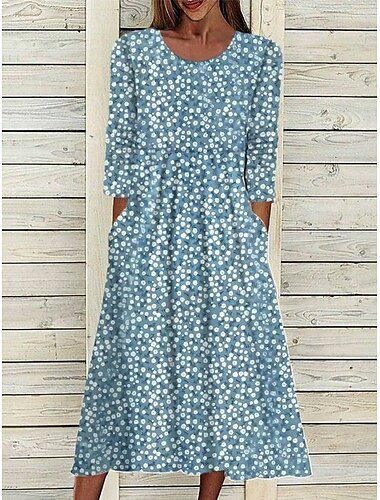  Damen Midi Kleid A-Linie Kleid T-Shirt Kleid Tee Kleid Sommerkleid Bohemia Urlaub Vintage Reguläre Passform Floral Grafik Zierliche Blumen Kurzarm Rundhalsausschnitt Marineblau Hellblau Sommer