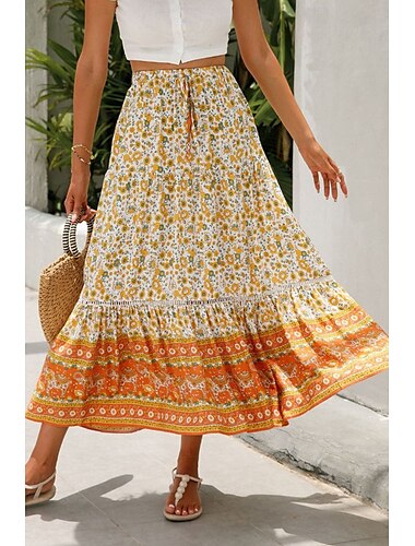  Damen Rock Bohemien Lässig Boho Maxi Mittlere Hüfthöhe Röcke Blumen Druck Mikroelastisch Urlaub Straße Knackmandel Rote Blau Orange Sommer Kunstseide