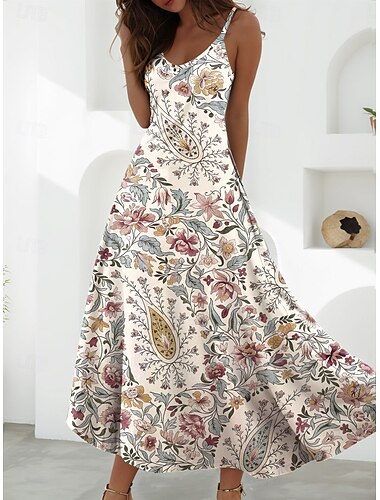  Damen Maxikleid A Linie Kleid Unterkleid Urlaub Lässig Boho Party Ausgehen Normale Passform Blumen Grafik Ärmellos V Ausschnitt Blau Purpur Braun Beige Sommer Frühling