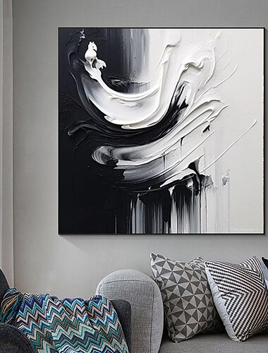  handgefertigtes Ölgemälde auf Leinwand, Wandkunst, Dekoration, modern, abstrakt, schwarz-weiß, für die Inneneinrichtung, aufgespannter Rahmen, zum Aufhängen, gerolltes, rahmenloses, ungespanntes