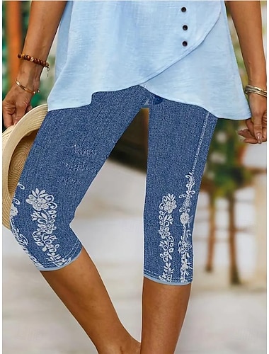  Leggings Capri pour femmes haute élasticité mode vacances vintage longueur mollet taille mi-haute impression graphique florale respirant doux extensible vacances décontractée quotidienne bleu œuf de