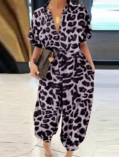  Damen Normal Overall Streetwear Leopard Kurzarm V Ausschnitt Tasche Straße Täglich Normale Passform Schwarz Purpur Khaki Sommer