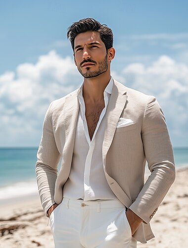  Blazer de lino para hombre chaqueta deportiva moda casual verano blazer de color sólido caqui beige corte estándar de un solo botón