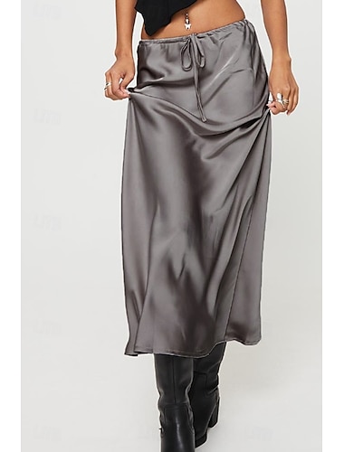  Damen Rock Elegant Mode Maxi Mittlere Hüfthöhe Röcke Einfach Kordelzug Mikroelastisch Urlaub Straße Wein Marineblau Schwarz Champagner Sommer Seide wie Satin