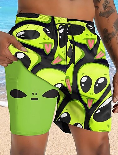  Herren Lustig Außerirdischer Gefütterte Shorts 2 in 1 Badeshorts Badeshorts Mittlere Taille Hawaiianisch Urlaub Ferien Strandbekleidung Seitentaschen Mit Kompressionsfutter Elastischer Kordelzug in