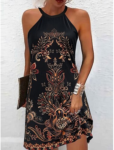  Dames Mini-jurk Zonnejurk halter jurk Off-the-shoulder jurk Vakantie Casual Dagelijks Normale pasvorm Bloemig Grafisch Tribal Mouwloos Halternek Zwart Zomer