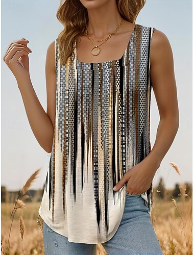  Dam Camisole linne Grafisk Geometrisk Randig Stylish Ledigt Ärmlös Fyrkantig hals Vanliga toppar Dagligen Helgdag Utekväll Rynkad Mönster Grå Sommar Vår