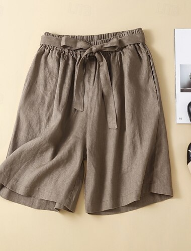  Dam Shorts i bomullslinne Shorts Byxor Ledigt Kort Naturlig Slät Ficka Elastisk midja Utomhus Bekväm Semester Helgdag Aprikos Svart Vit Blå Sommar Normal