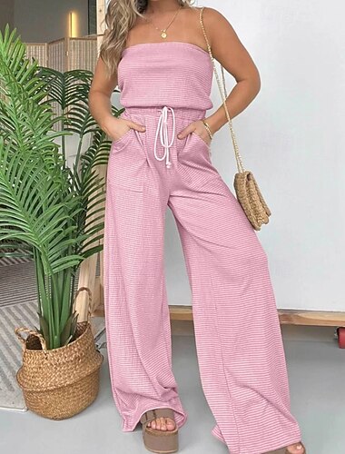  Damen Normal Overall Streetwear Gestreift Ärmellos Trägerlos Tasche Kordelzug Straße Wochenende Normale Passform Hellgrün Rosa Blau Sommer