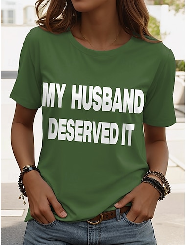 Dam T-shirt Grafisk Bokstav Vintage Stylish Klassisk Kortärmad Rund hals Vanliga toppar Dagligen Helgen Mönster Svart Vit Armégrön Rubinrött Blå Sommar Vår Ridicule Husband