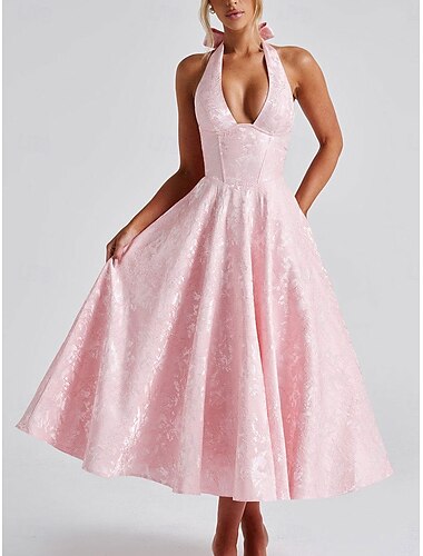 A-Linien rosa Kleid Jacquard Kleid Semi-Formelle Cocktailkleid Hochzeit Midi-Länge Ärmellos Halterhals Schleife Rückenlos mit Schnürdetail Hochzeitsgastkleid 2025